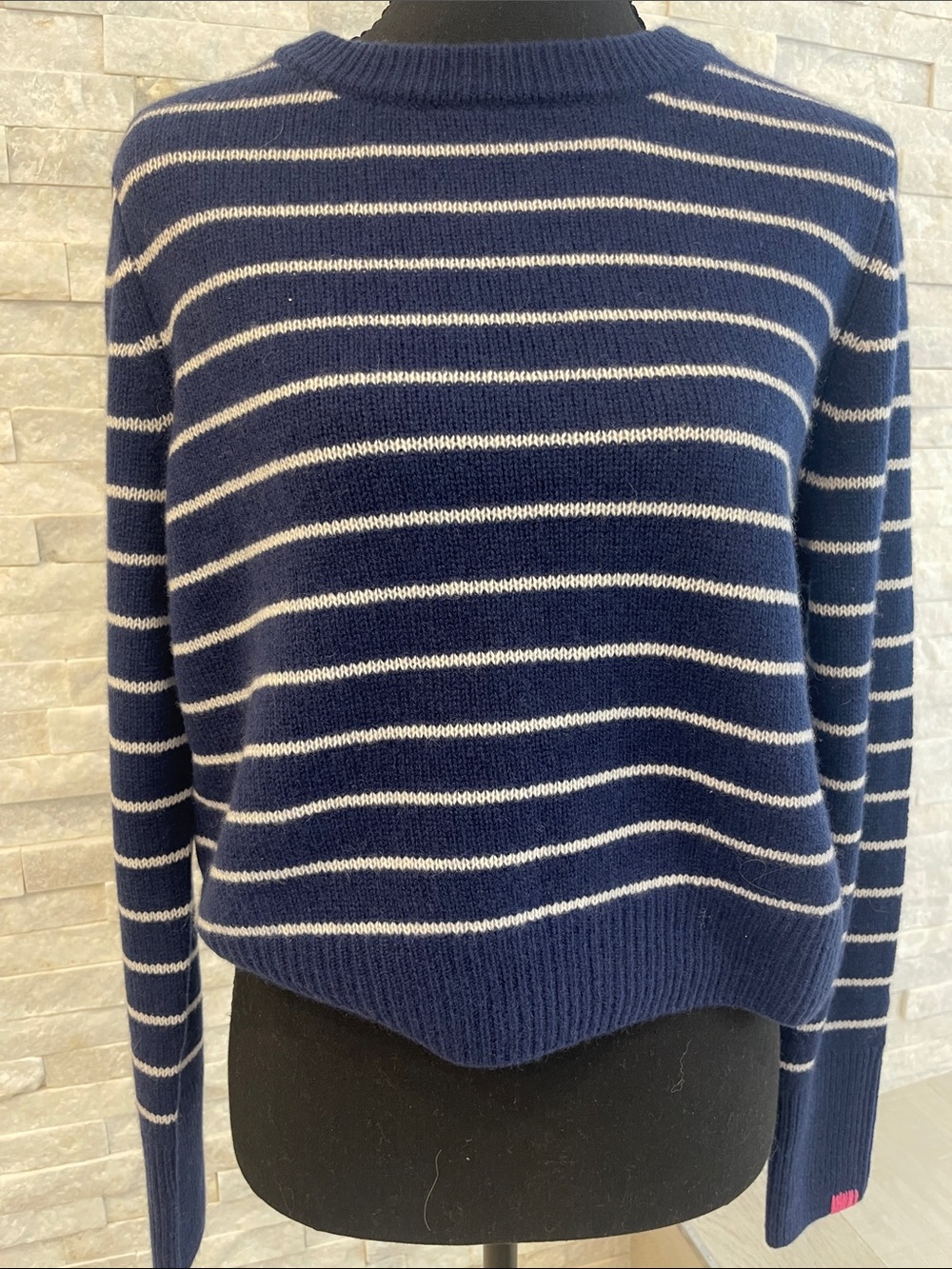Navy and Cream Striped Crewneck Sweater